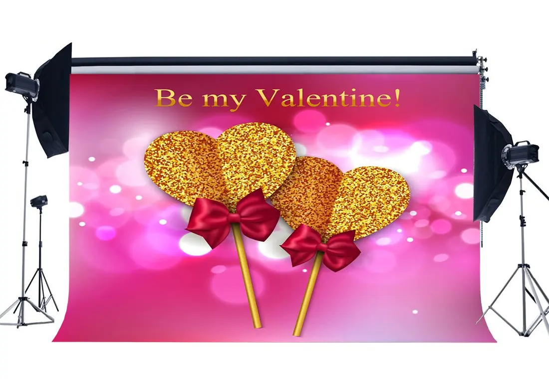 

Valentine's Day Backdrop Golden Sweet Hearts Bokeh Halos Glitter Sequins Red Bowknot Photography Background