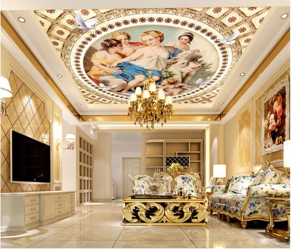 

Custom photo 3d wallpaper ceiling mural The angels and the bull background painting 3d wall murals wallpaper for walls 3d