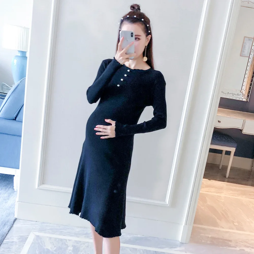 

Pregnant women autumn jacket 2018 autumn and winter new fashion long loose loose maternity dress wooden ear sweater dress