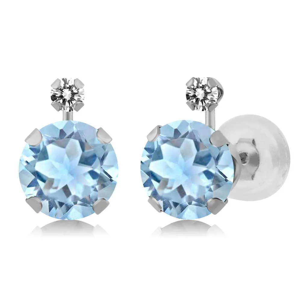 

1.57 Ct Round Sky Blue Aquamarine White Diamond 14K White Gold Earrings