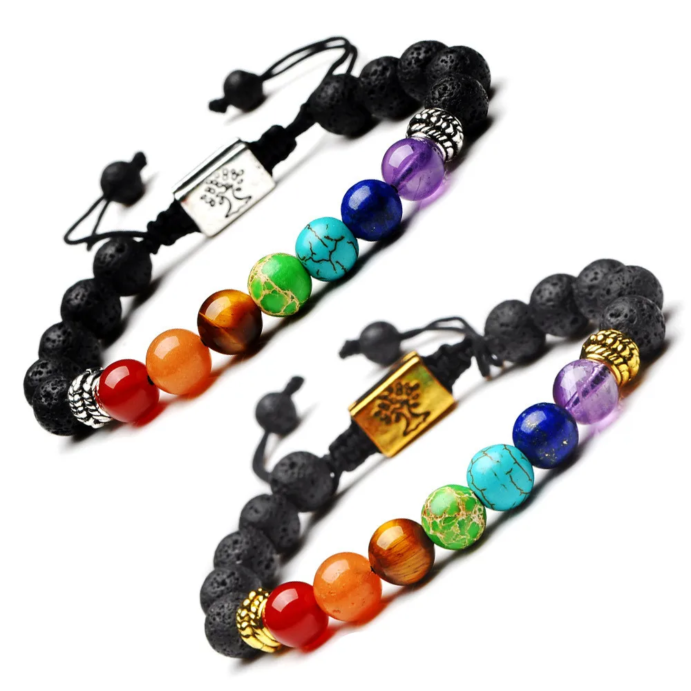 YIZIZAI Handmade 7 Chakra Tree Of Life Charm Bracelets Lava Stones Beads Rope Bracelet Women Men Yoga Bracelets Bangles