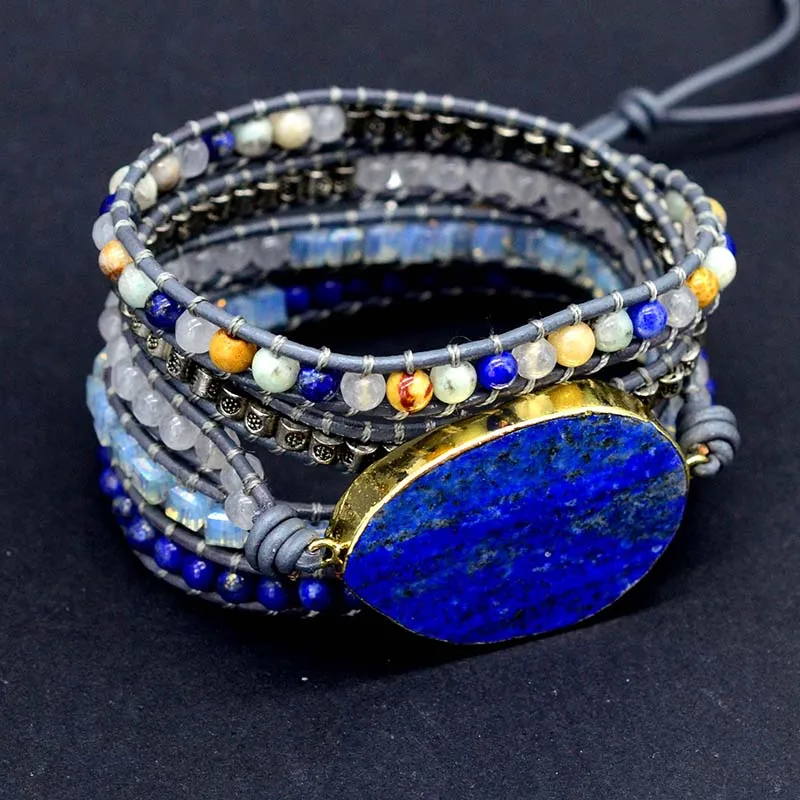 Прямая поставка натуральные камни Lapis Charm 5 нитей браслеты с запахом ручной работы