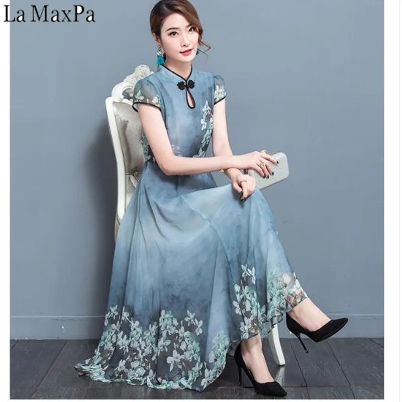 2018 Summer Chiffon Dress Robe Noel Elegant Vintage Chiffon Party Dresses Plus Size Female Retro Chinese Style Clothing