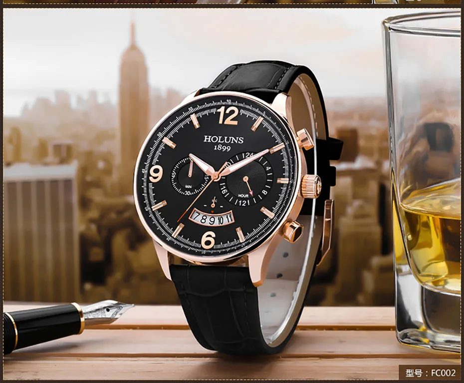 HOLUNS Men Leather Strap Watch 24 Hour Quartz Watches Casual Wristwatch Water Resistant Luxury Round Glass Dial Clock (21)
