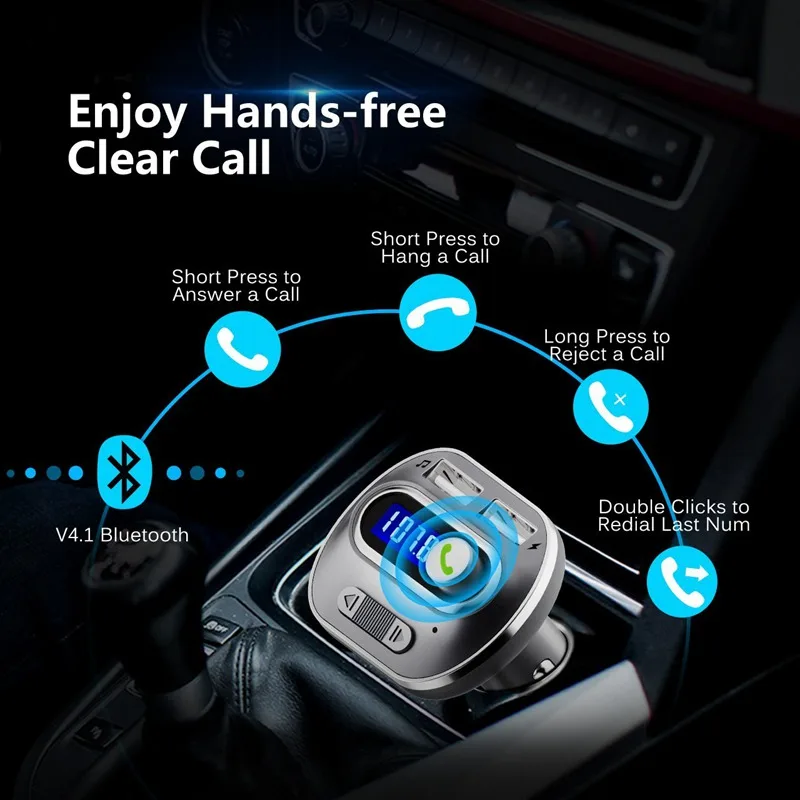 VicTsing V4.1 Bluetooth FM Transmitter for Car Wireless Radio Transmitter Adapter with USB Port Music Player Support Aux Output