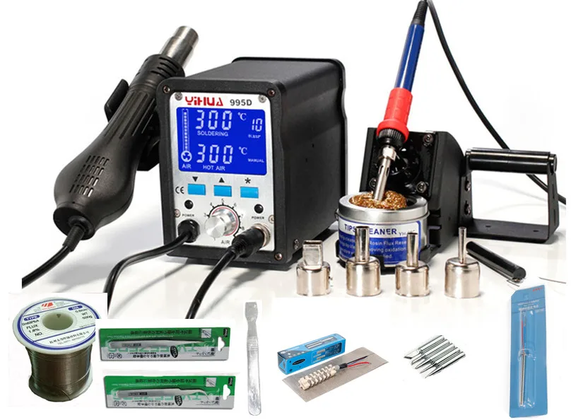 

110V Or 220V EU/US PLUG YIHUA 995D 2 in1 LCD SMD Rework Station Hot Air Gun Soldering Iron with Welding tools kit