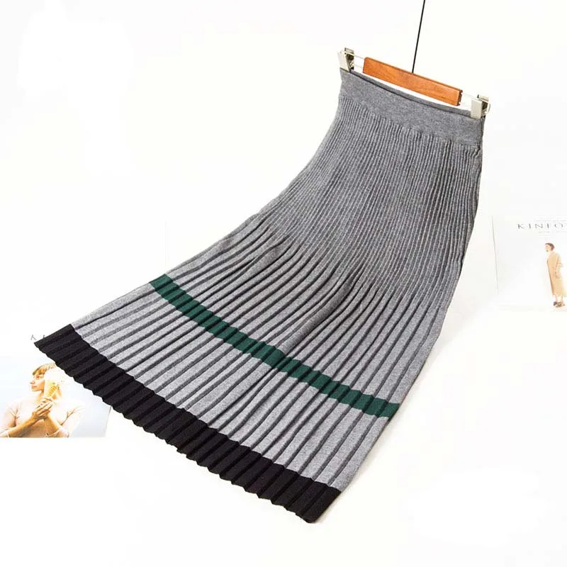 

Women Knited Maxi Stripe Skirt Multi Color Natura Waist A-Line Autumn Winter Hot Sale Skirt