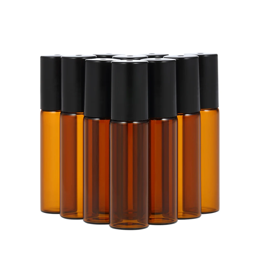 10Pcs 10ml Amber Glass Roll on Roller Bottle Essential Oils Bottles