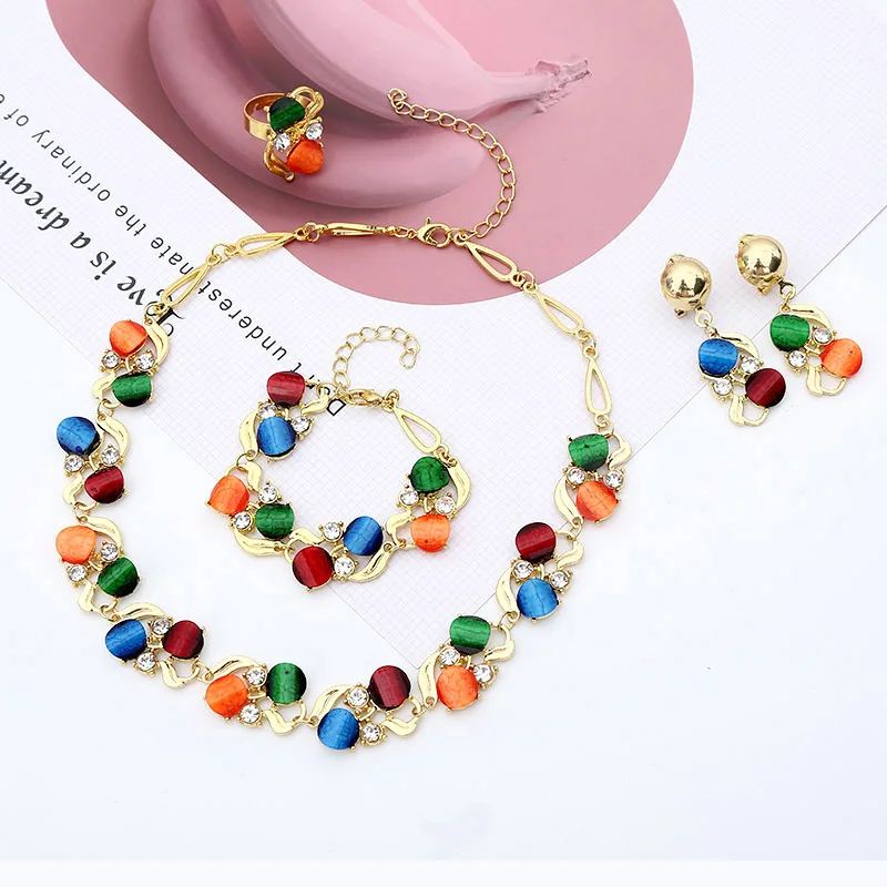 

New Colorful Crystal Jewelry Sets For Women link Bracelet Bangles Dangle Earring Rings Pendant Necklaces Wedding Engagement Set