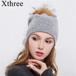 Xthree зимняя вязаная шапка для женщин шерстяная шапочки 15 см реального норки Мех животных пипипидастр шапочка с блестками Skullies обувь для