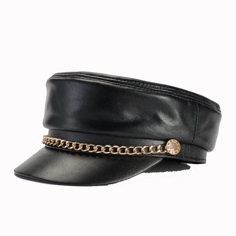 

Harppihop*2017 Spring Sheepskin Hats Genuine Leather Casual Thermal Men Military Hat Short Brim Cadet Adult Cap Women