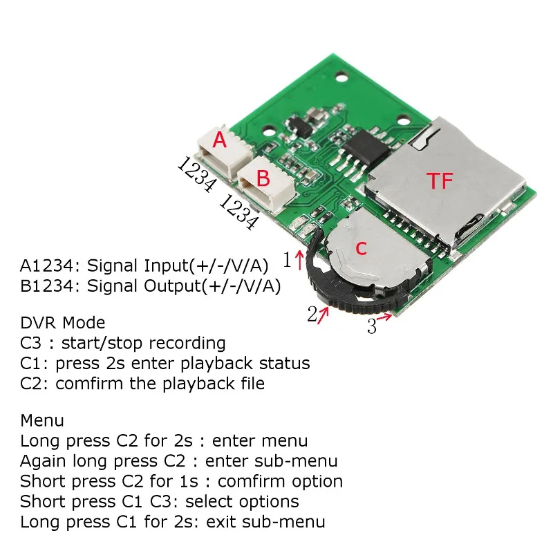 Micro DVR VCR модуль мини видеорегистратор поддержка воспроизведения записи 32G TF карта