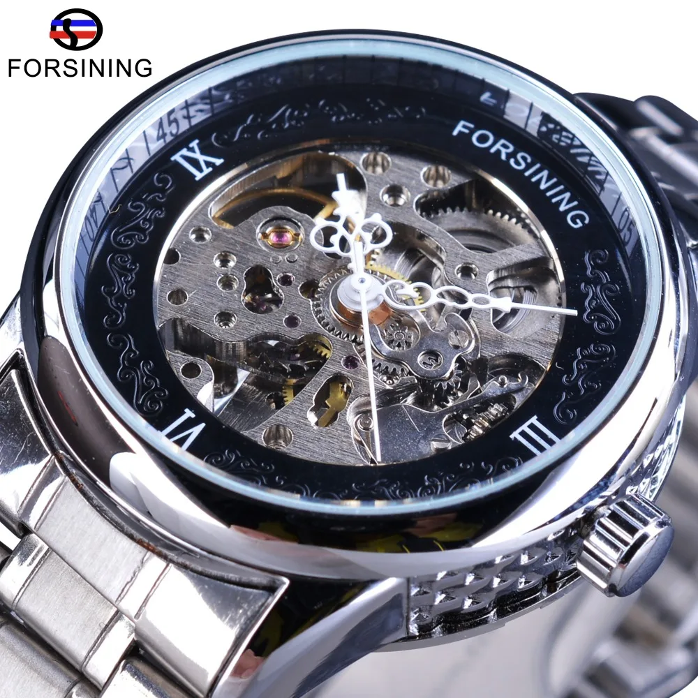 Forsining Silver Stainless Steel Pattern Dial Design Open Work Skeleton Mens Mechanical Wrist Watches Top Brand Luxury Automatic fashion genuine leather belts unisex luxury simulated blue irregular geometric pattern snake print automatic buckle waist strap