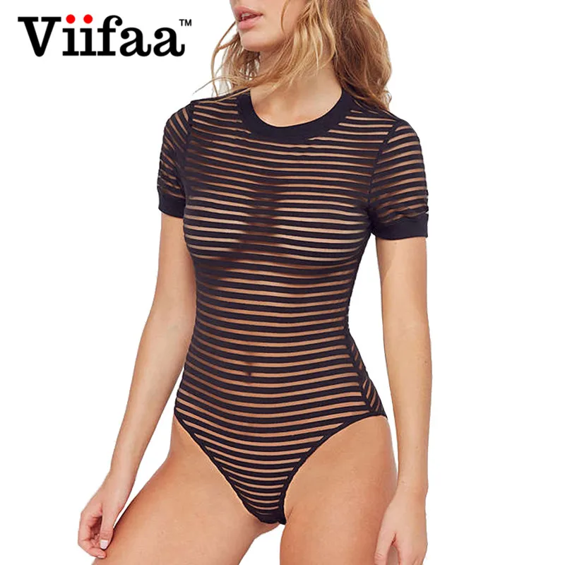 Viifaa Sexy Black Bodysuit Women See Through Mesh Striped Jumpsuit Short Sleeve Body Femme Romper Summer Bodysuits