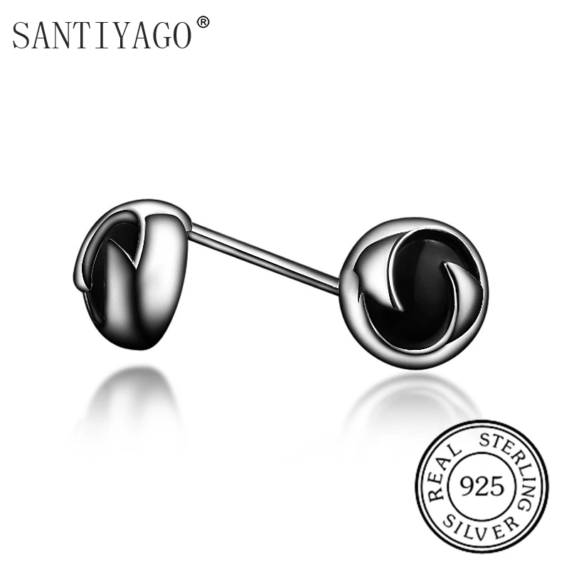

SANTIYAGO New Design obsidian Design silver Geometrics Shaped Studs Earring for woman Pure Hand-made wedding gift