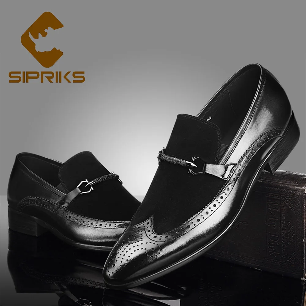 

SIPRIKS Autumn Style Genuine Leather Black Brogue Loafers Elegant Slip On Dress Shoes Pointed Design Gents Suits Wedding Shoes