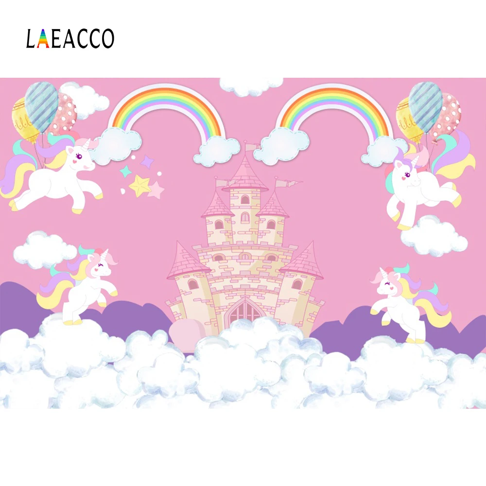 Laeacco Birthday Backdrops Castle Unicorn Rainbow Clouds Balloon Photography Backgrounds Baby Shower Photocall Newborn Photozone |