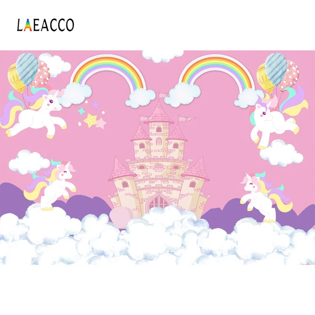 laeacco cartoon unicorn castle rainbow clouds baby party photography