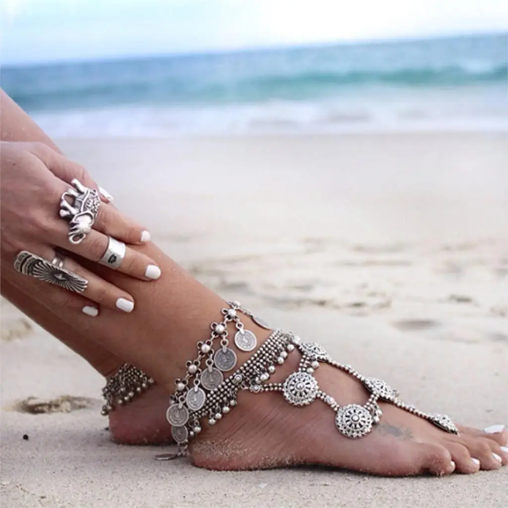 Jiayiqi серебряный цвет богемный женский браслет металлическая кисточка ножной браслет Роскошный Шарм монета лодыжки браслеты Femme ювелирные изделия в летнем стиле