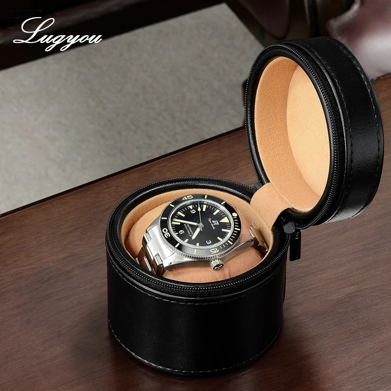 

LUGYOU Watch Leather Box Cylinder-shaped Zipper Closing Flannelette Inner One Pillow