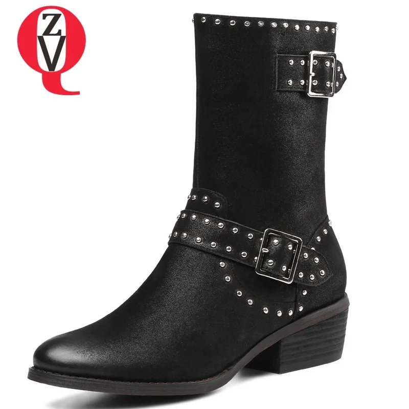 

ZVQ women shoes 2019 winter warm new fashion med square heel round toe metal decoration zip black genuine leather mid calf boots