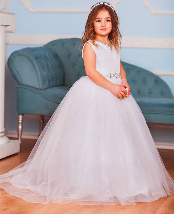 Hoge Kwaliteit Aangepaste Bloem Meisjes Jurk 2019 Wit Kant Pailletten Baljurk Prinses Eerste Communie Jurk met Kralen Sash Hoge Kwaliteit Aangepaste Bloem Meisjes Jurk 2019 Wit Kant Pailletten Baljurk Prinses Eerste Communie Jurk met Kralen Sash