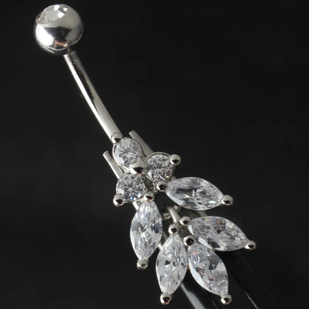 

Surgical Steel Bar Crystal Flower Belly Button Ring Dangle Navel Piercings Body Jewelry