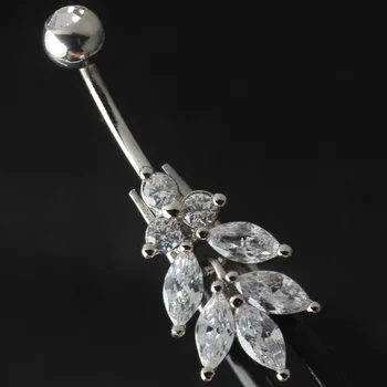

Surgical Steel Bar Crystal Flower Belly Button Ring Dangle Navel Piercings Body Jewelry