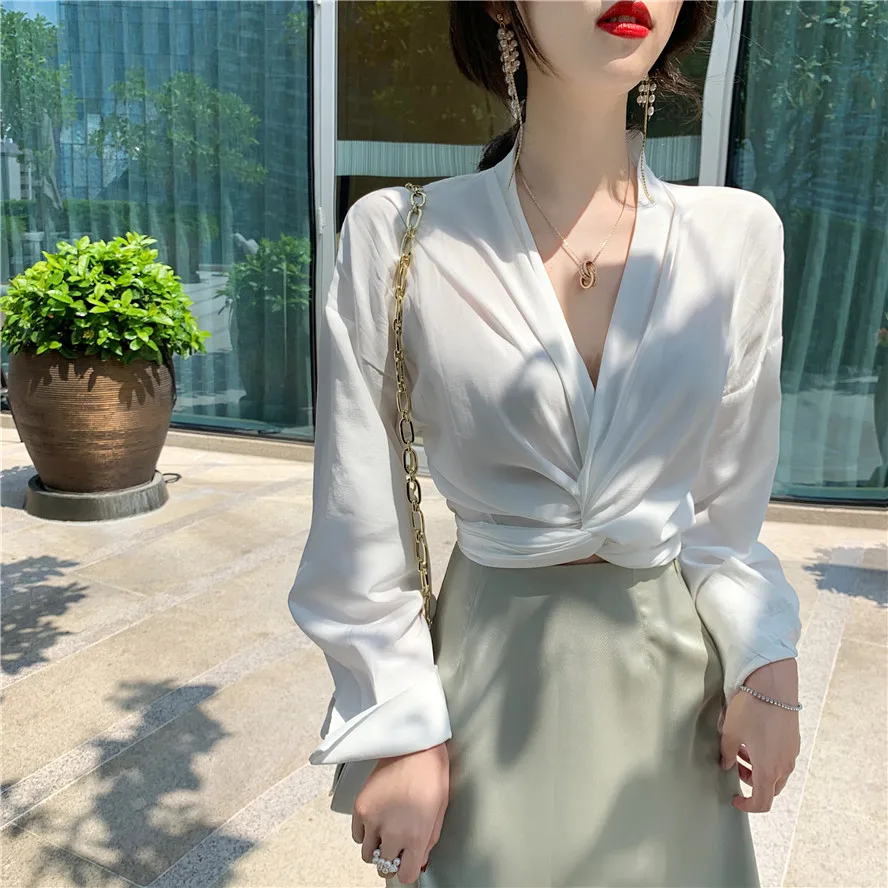 

Front Twist Ruched Tie Bow Back Sexy V-neck Elegant Chiffon Crop Top Shirt Women Spring Fashion Autumn Blouse Korean Office Lady