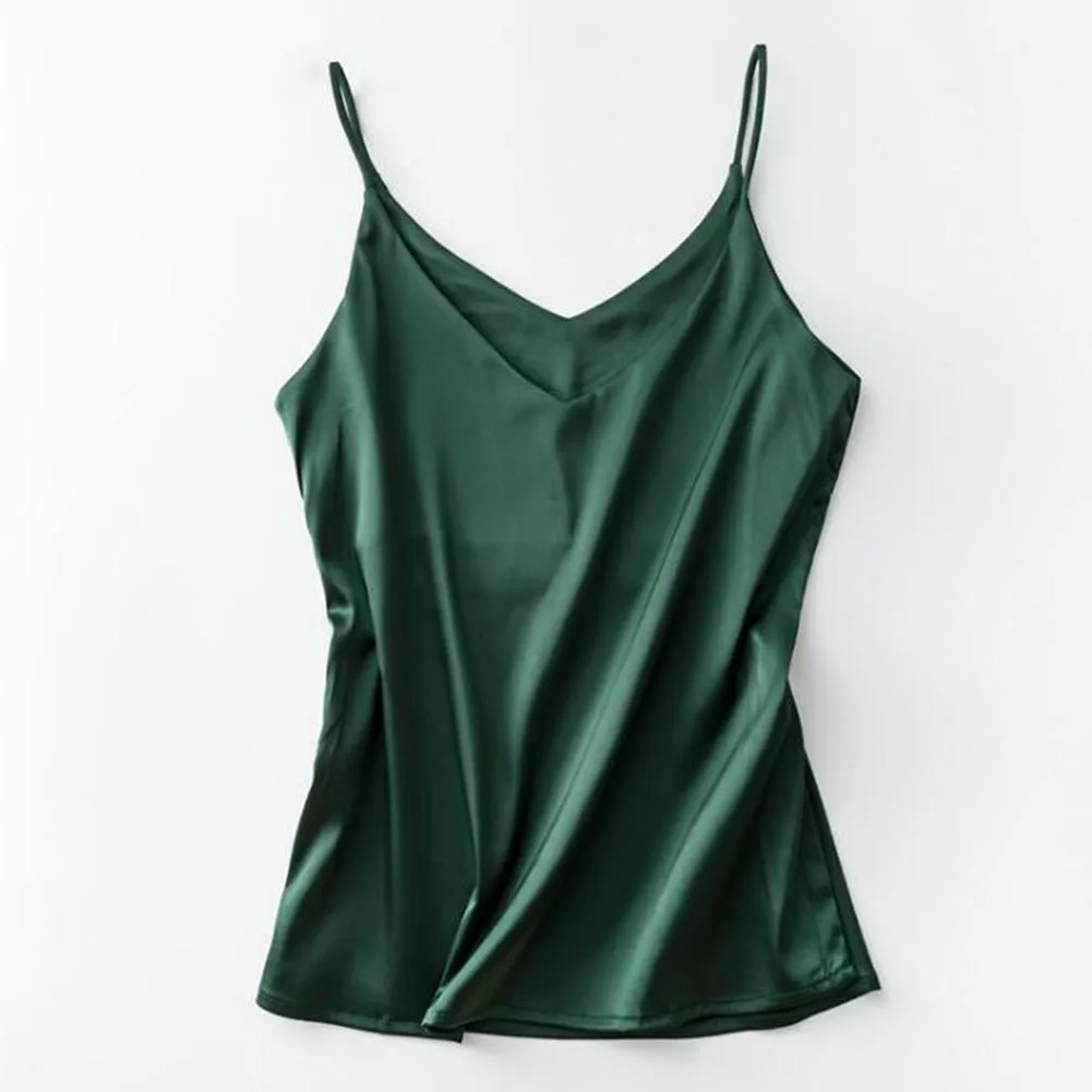 Dark Green Топ на тонких бретелях, женский топ с v-образным вырезом, базовая белая майка без рукавов, атласная шелковая майка, женская летняя майка размера плюс - Цвет: Dark Green