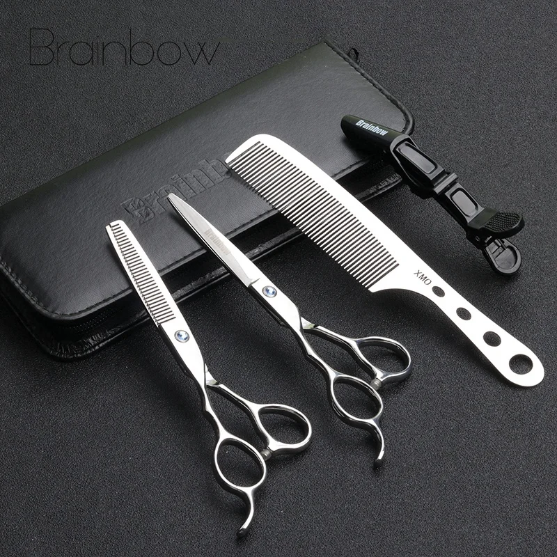 Tesoura de Cabelo Brainbow Scissors Esquerda-mão Inoxidável 9cr13 Profissional Cabeleireiro Corte Fino Barbeiro Tesouras Titânio Pente 6.0 Aço