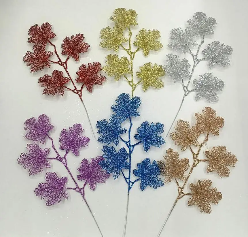 

20pcs Glitter Powder Grape Leaf Branch For Flower Arrangement Accessories Christmas Party Home Wedding Garden Decoration