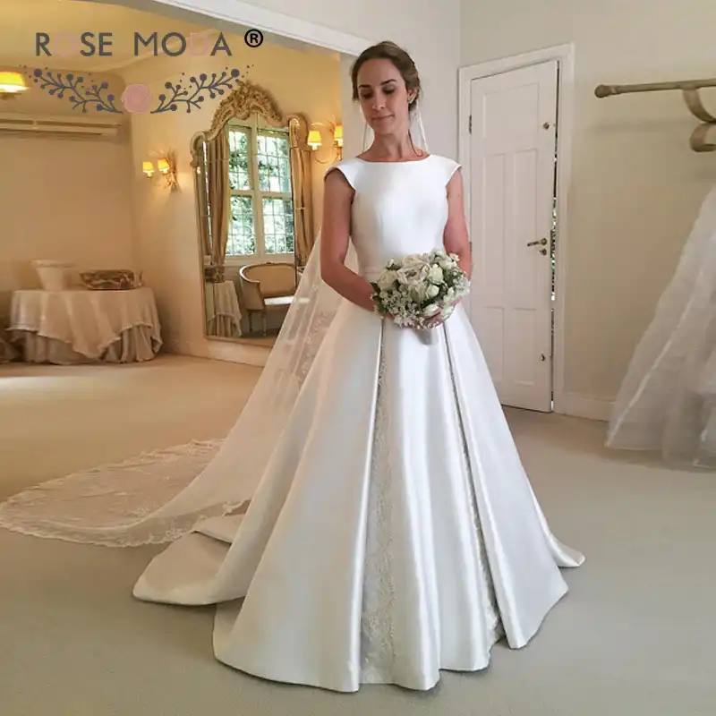 Rose Moda Short Cap Sleeves Classic Satin A Line Wedding Dress