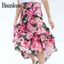 Bazaleas длинные юбки высокого пояса Австралия красный цветочный принт оборки Женская юбка Повседневная плиссированная юбка Прямая