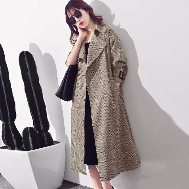 Marrom Xadrez das Mulheres Trench Coat Outono 2017 Nova Casual Elegante