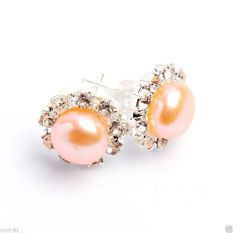 

Natural 8-8.5mm Genuine Pink Akoya Freshwater Pearl Crystal Silver Stud Earring