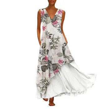 

KLV 5XL summer dress Women Vintage Boho Dress V Neck Sleeveless Flower Print Dress Chiffon Ruffles maxi Dresses Lady vestido6.20