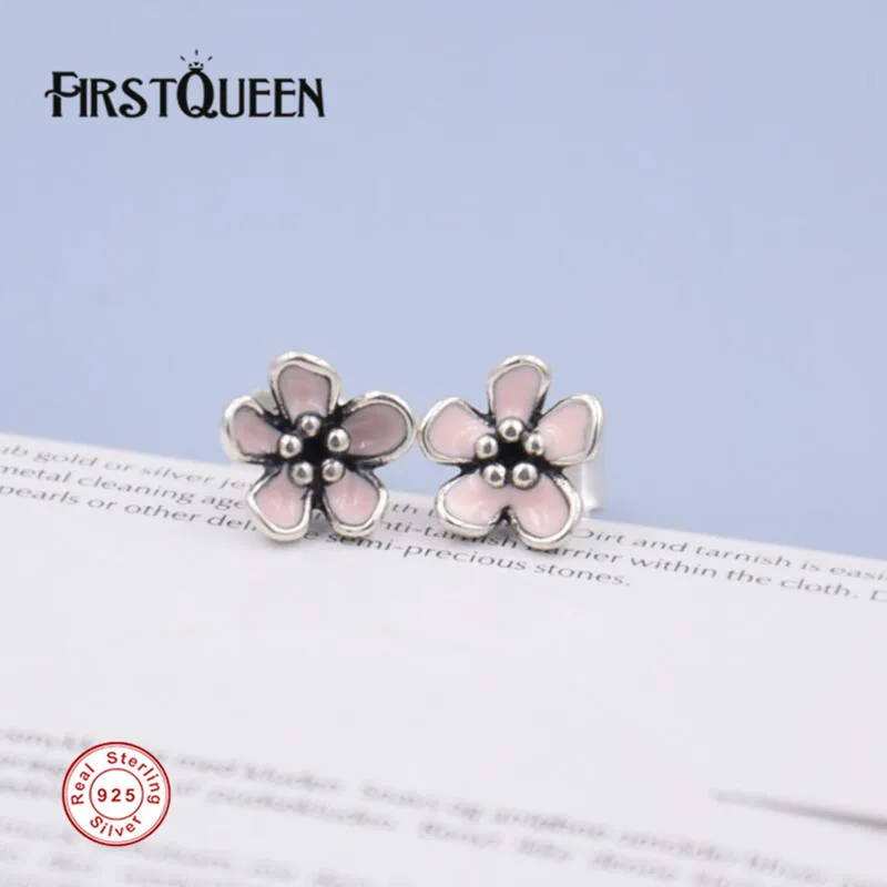 

FirstQueen Solid 925 Silver Enamel Flower Stud Earring Ear Rings Brinco Feminino 2017 Christmas Gift Fine Jewelry