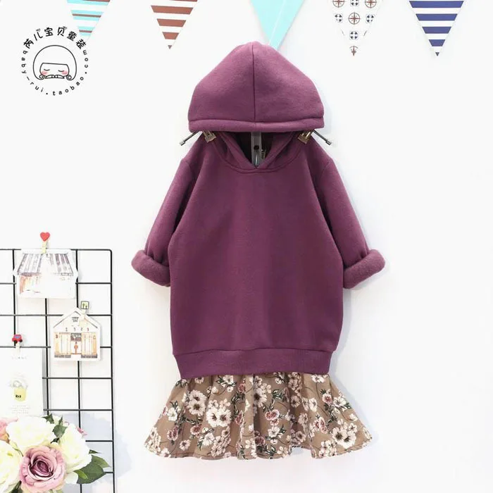 

2 3 4 5 6 Years Girls Dress Hooded Sweatshirt Fashion Print Splice Dress Thicken Toddler Girl Dresses Kids Fashion Clothing New