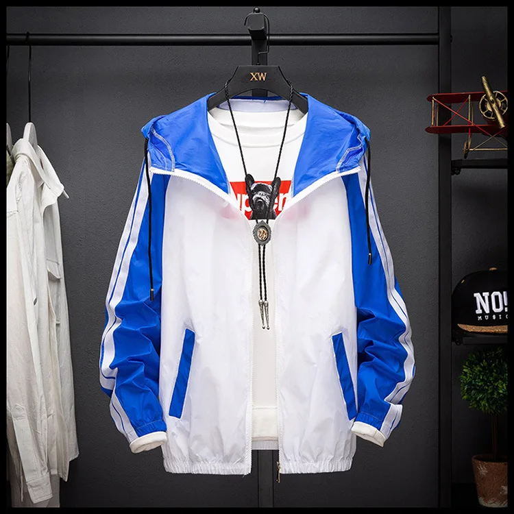 

Mens Quick Dry Windbreaker Men Casual Summer Lightweight Jacket 2019 Hooded Contrast Color Zipper Sun Protect Jackets Outwear