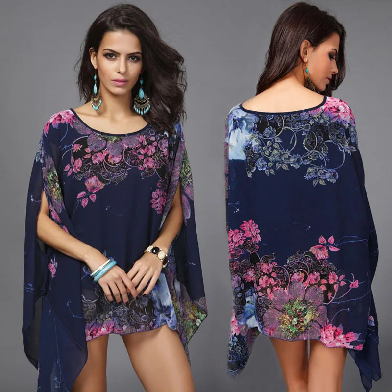 

Hot Sale 2016 Fashion Blouses Summer Chiffon Shirts Women Irregular Batwing Oversized Blouse Casual Plus Size Bohemian Beach Top