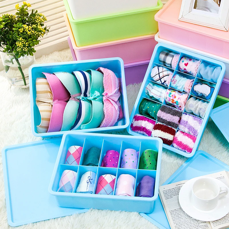 

1PC Multigrid Underwear Bra Socks Storage Box Organizer With Cover Plastic Closet Boxes Clothes Sundries Container Multifunction