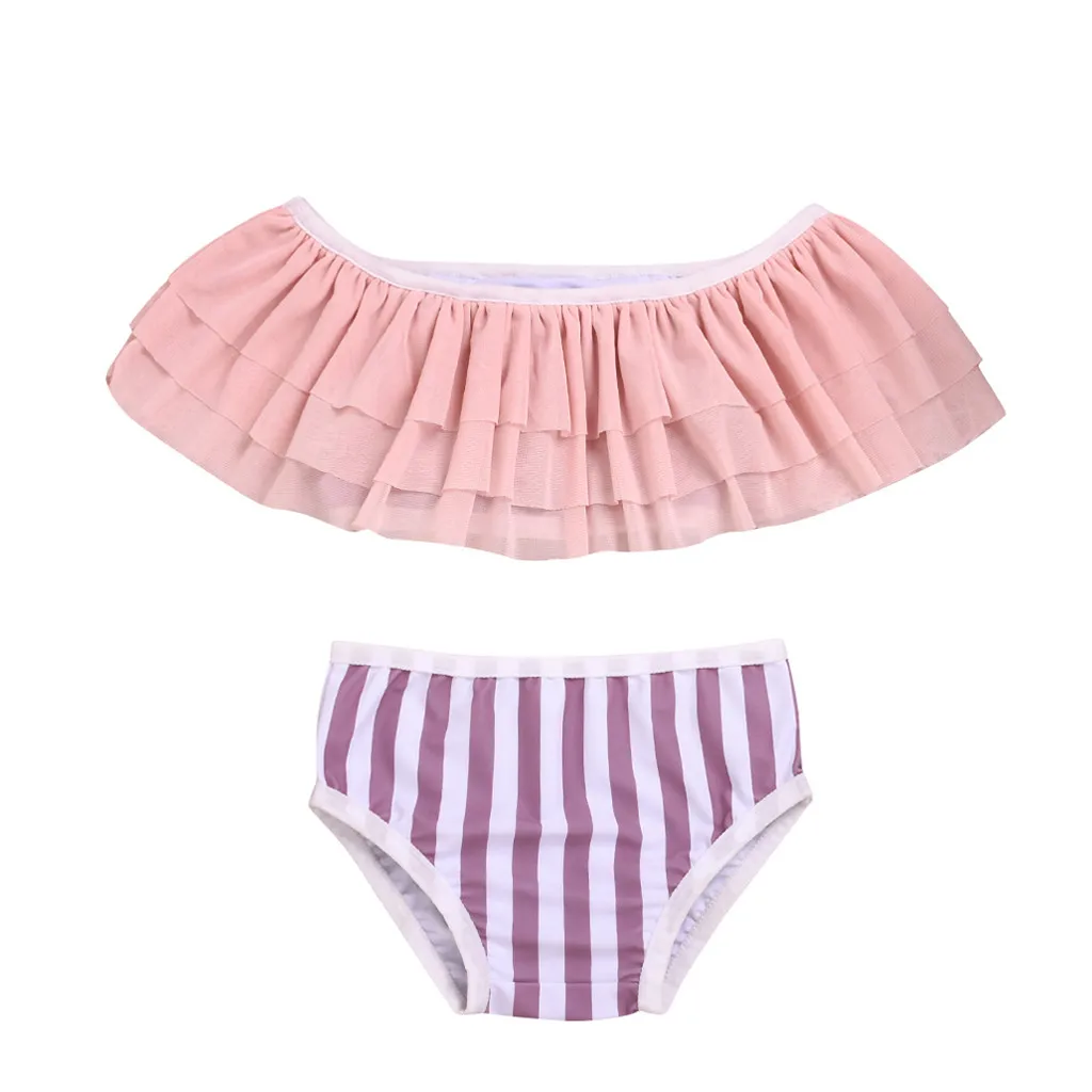 

ARLONEET Girls Swimwear For Children Two Piece Children's Sleeveless Mesh One-Shoulder Top Stripe Shorts Swimsuit Set Swimsuit