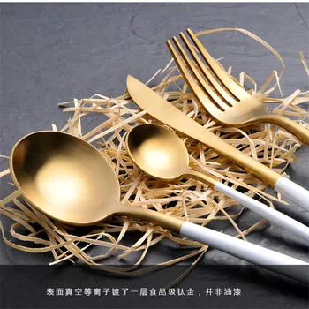 

304 stainless steel portugal pointed tail cutlery knife fork spoon the white handle golden western flatware set free ship
