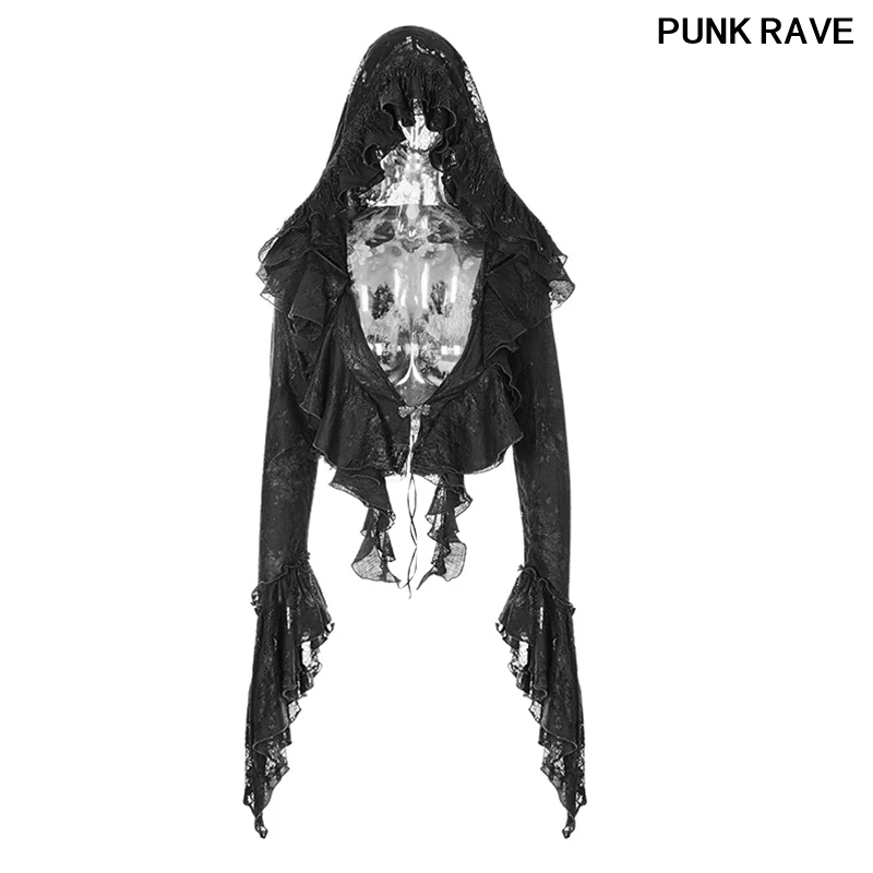 

Fashion Decadent Lace Mesh Fit Version Enlargement Hat Mystery Dark Coat Gothic Black Lotus Leaf Edge Coat PUNK RAVE WY-886XDF