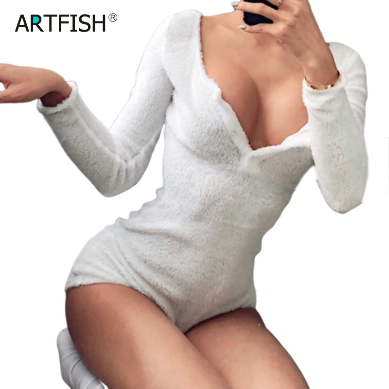 

Fleece Autumn New Sexy Women White Pink Ladies Playsuits Warm Rompers Buttons Skinny Club Playsuit V-neck Bodycon Outfits GV787