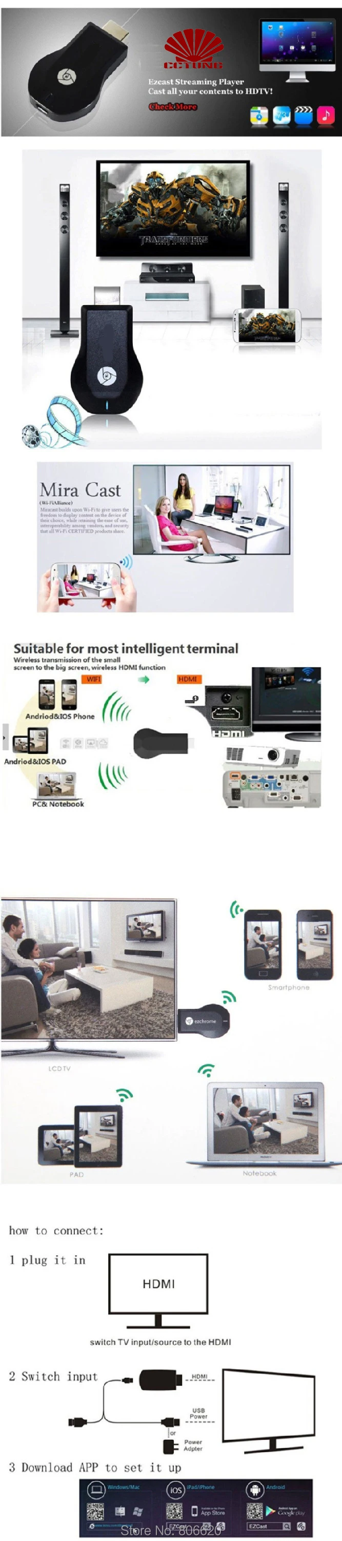 1080p Android TV Miracast Wireless Receiver HDMI Wifi Display Dongle with Google Chromecast for Home PC Laptop TV & Projectors_8_Connectin