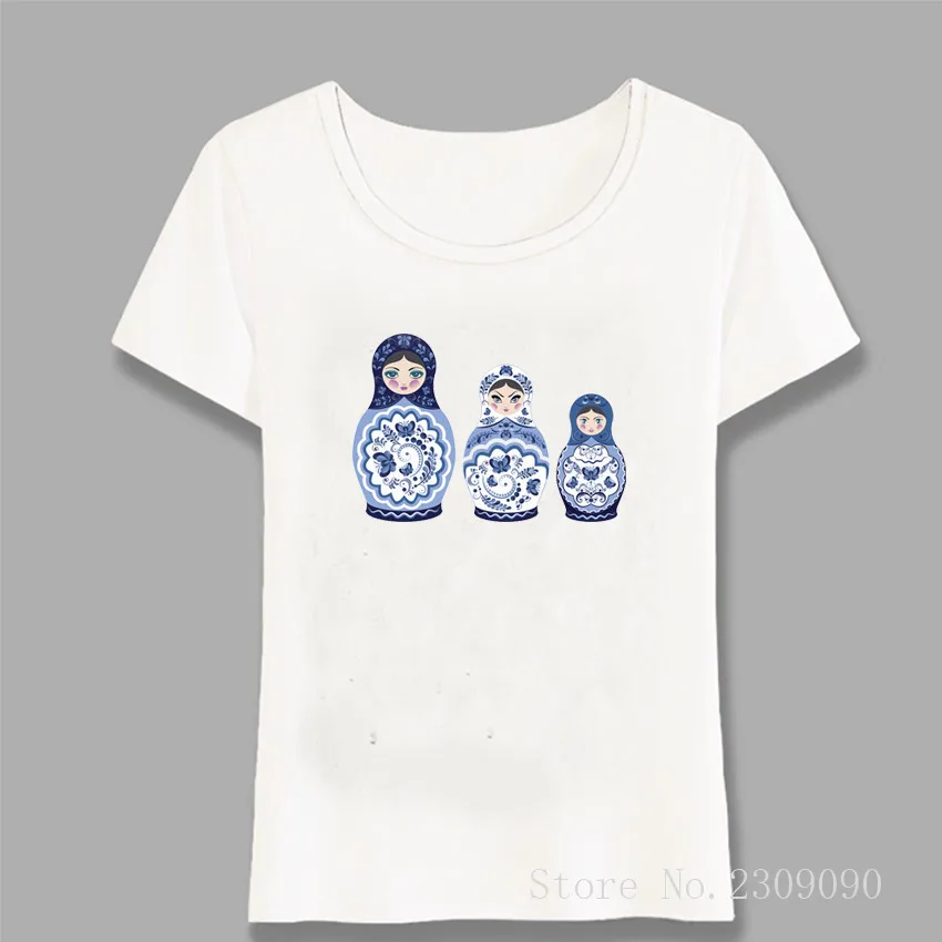

Blue Matryoshka Doll Print T-Shirt Fashion Women Short Sleeve Casual Ladies Tops Cute Girl t-shirt Russia Female Tees Harajuku