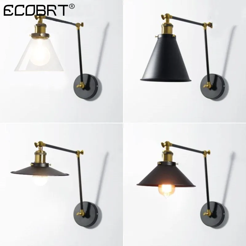 

ECOBRT Black wall lamp E27 LED bulb bedroom bedside restaurant cafe retractable folding rocker mirror front wall lights