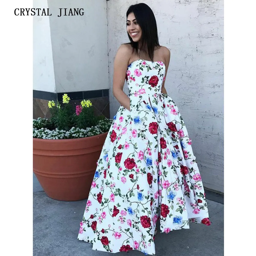 

New Arrival 2019 Strapless Floral Printed Prom Dresses Custom made Front Short Long Back Prom Party Gown vestidos de gala